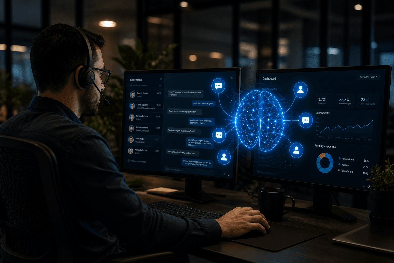 Atendente humano monitorando conversas e dashboards atendidos pela IA